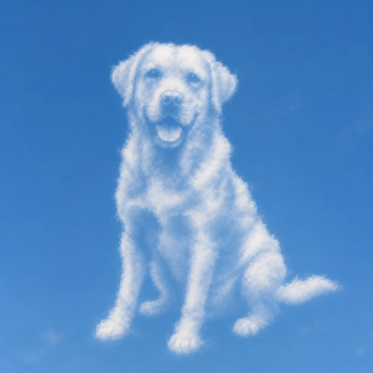 Golden dog image converted into a cloud-shaped sketch in a blue sky