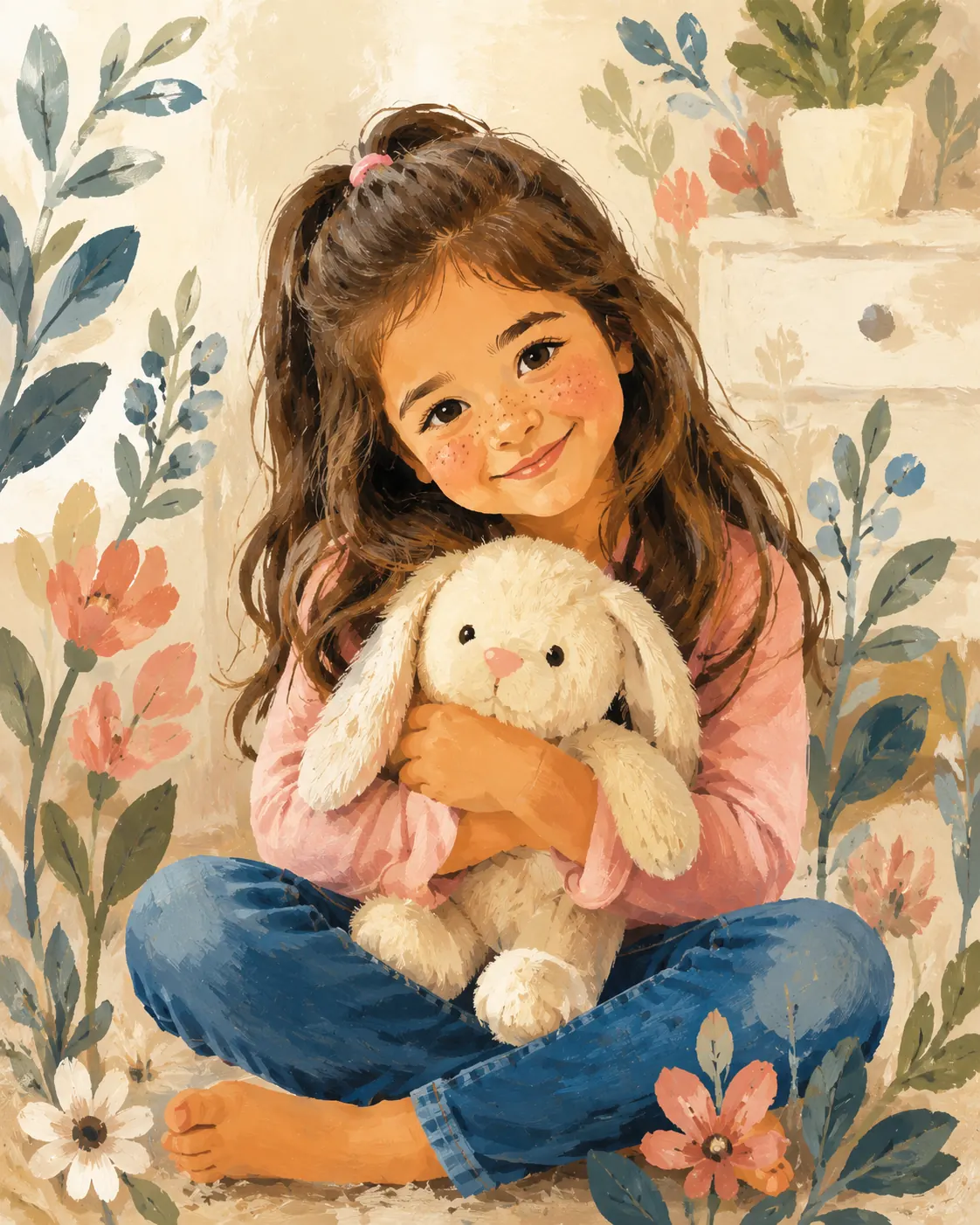 Girl portrait converted into botanical gouache folk art