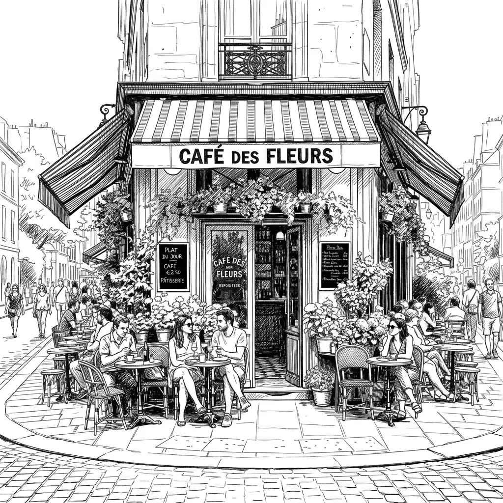 Street scene converted into an urban sketch with clean outlines