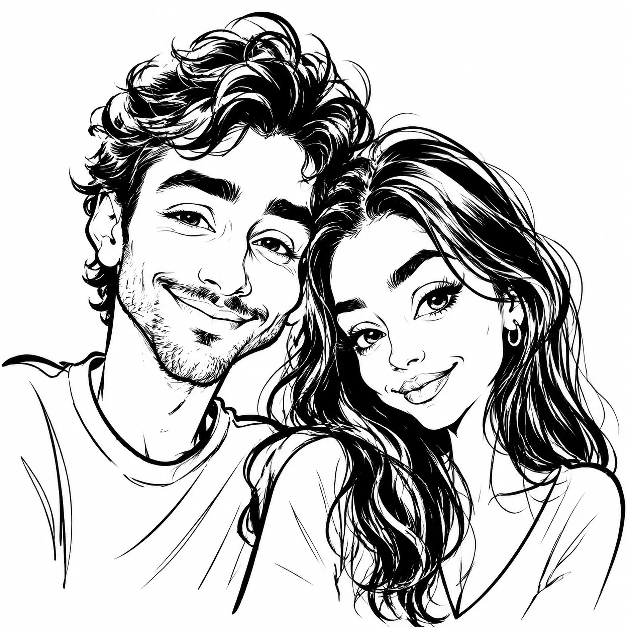 Couple photo converted into an exaggerated street caricature ink sketch